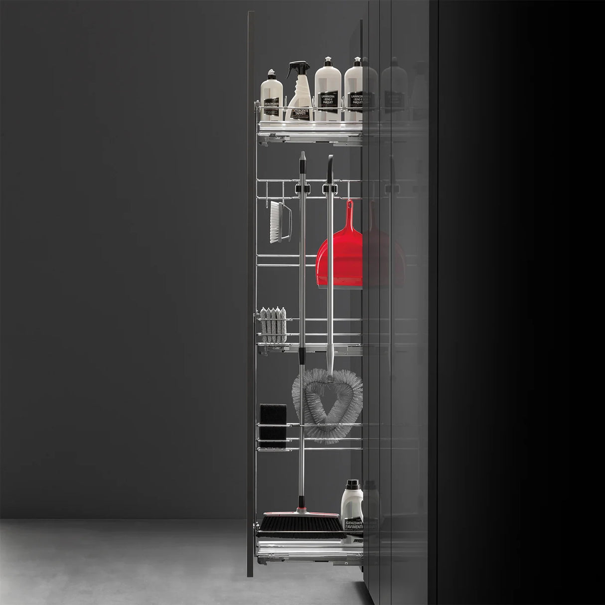 Premium Narrow Pantry Pullout with Broom Clips - Left  - For 6" Pantry Cabinet and Up